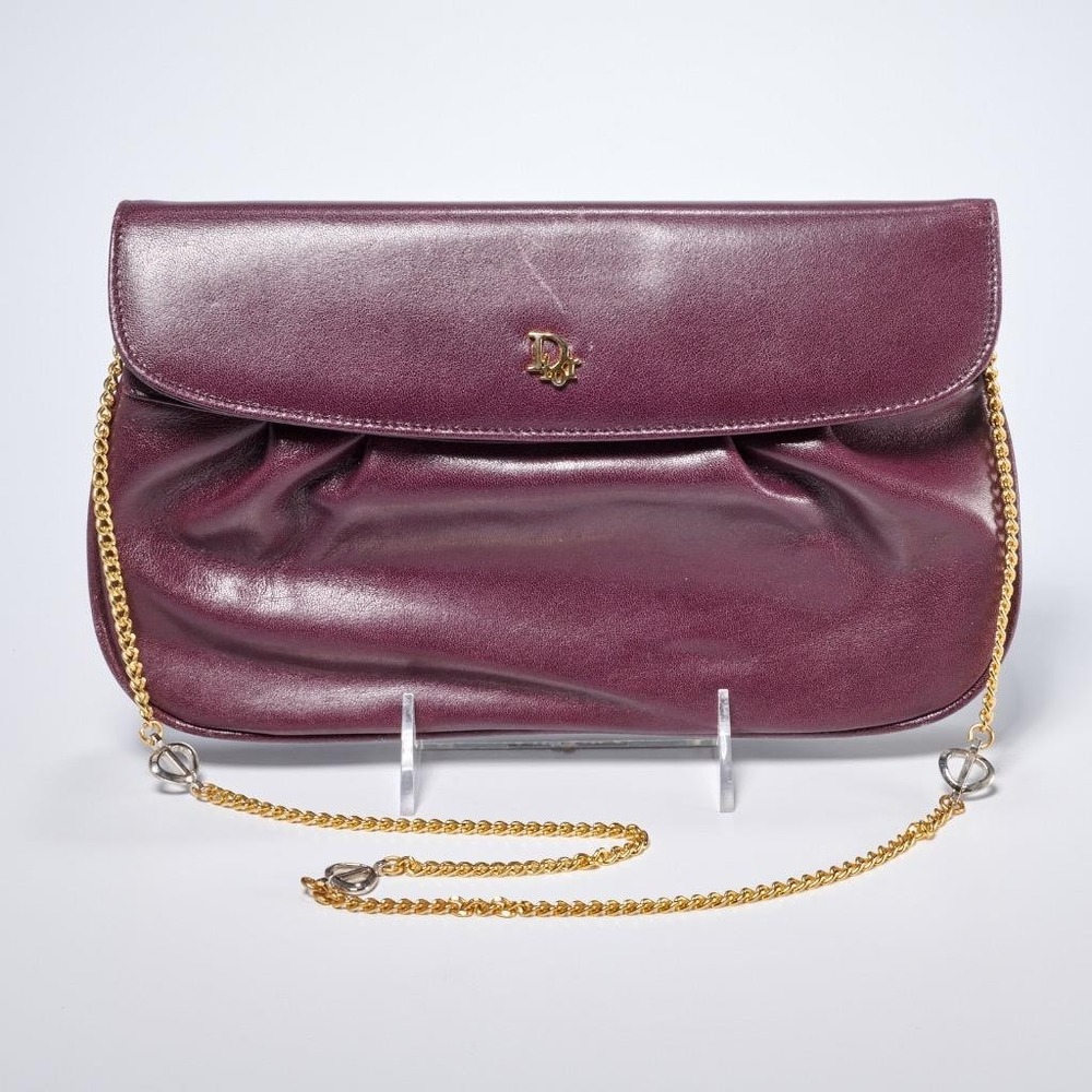 Vtg Christian Dior Purple Leather Handbag with Silver- and Gold-Tone Chain Strap